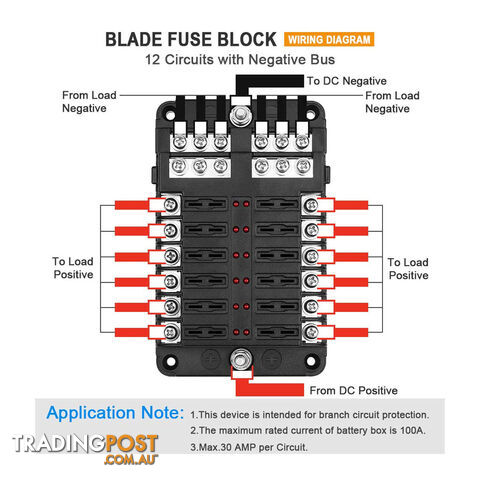 12 Fuse Block with LED Indicator and 24 fuses, 12 volt, 31pc,  2 x Label Sheet SKU - BB-202-12KWN