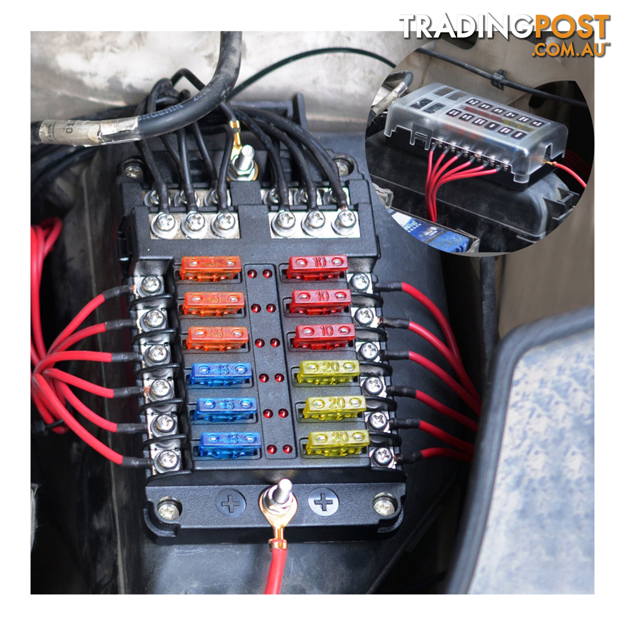 12 Fuse Block with LED Indicator and 24 fuses, 12 volt, 31pc,  2 x Label Sheet SKU - BB-202-12KWN