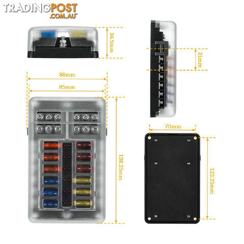 12 Fuse Block with LED Indicator and 24 fuses, 12 volt, 31pc,  2 x Label Sheet SKU - BB-202-12KWN