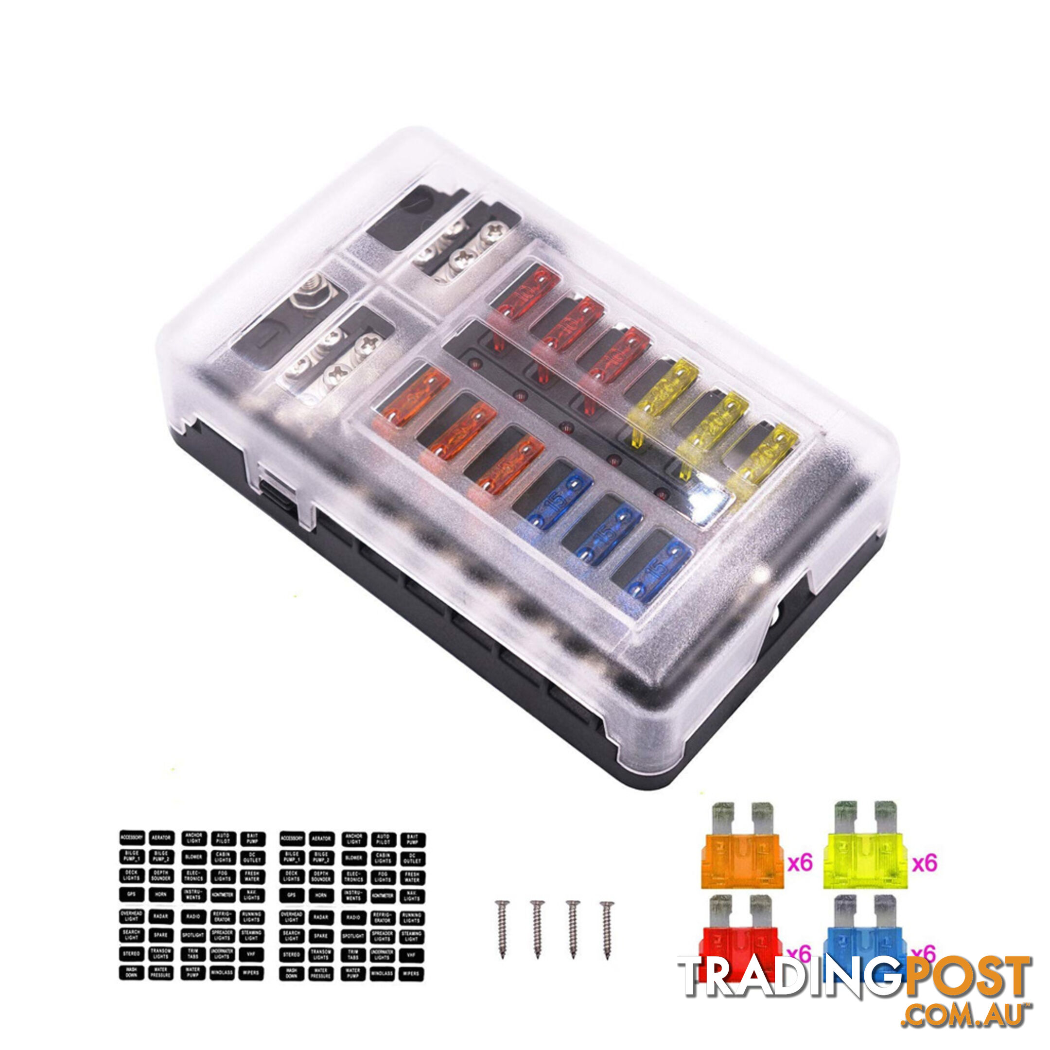 12 Fuse Block with LED Indicator and 24 fuses, 12 volt, 31pc,  2 x Label Sheet SKU - BB-202-12KWN