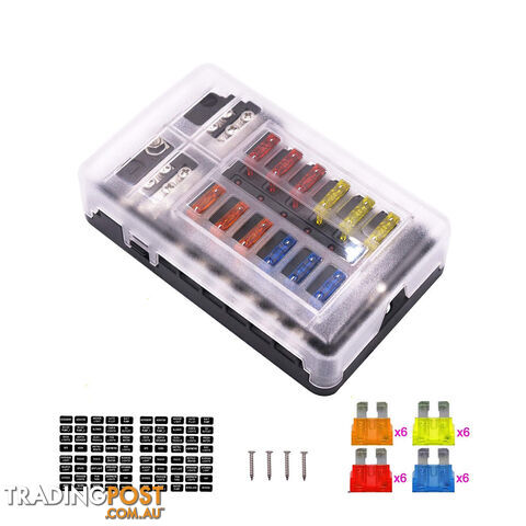 12 Fuse Block with LED Indicator and 24 fuses, 12 volt, 31pc,  2 x Label Sheet SKU - BB-202-12KWN