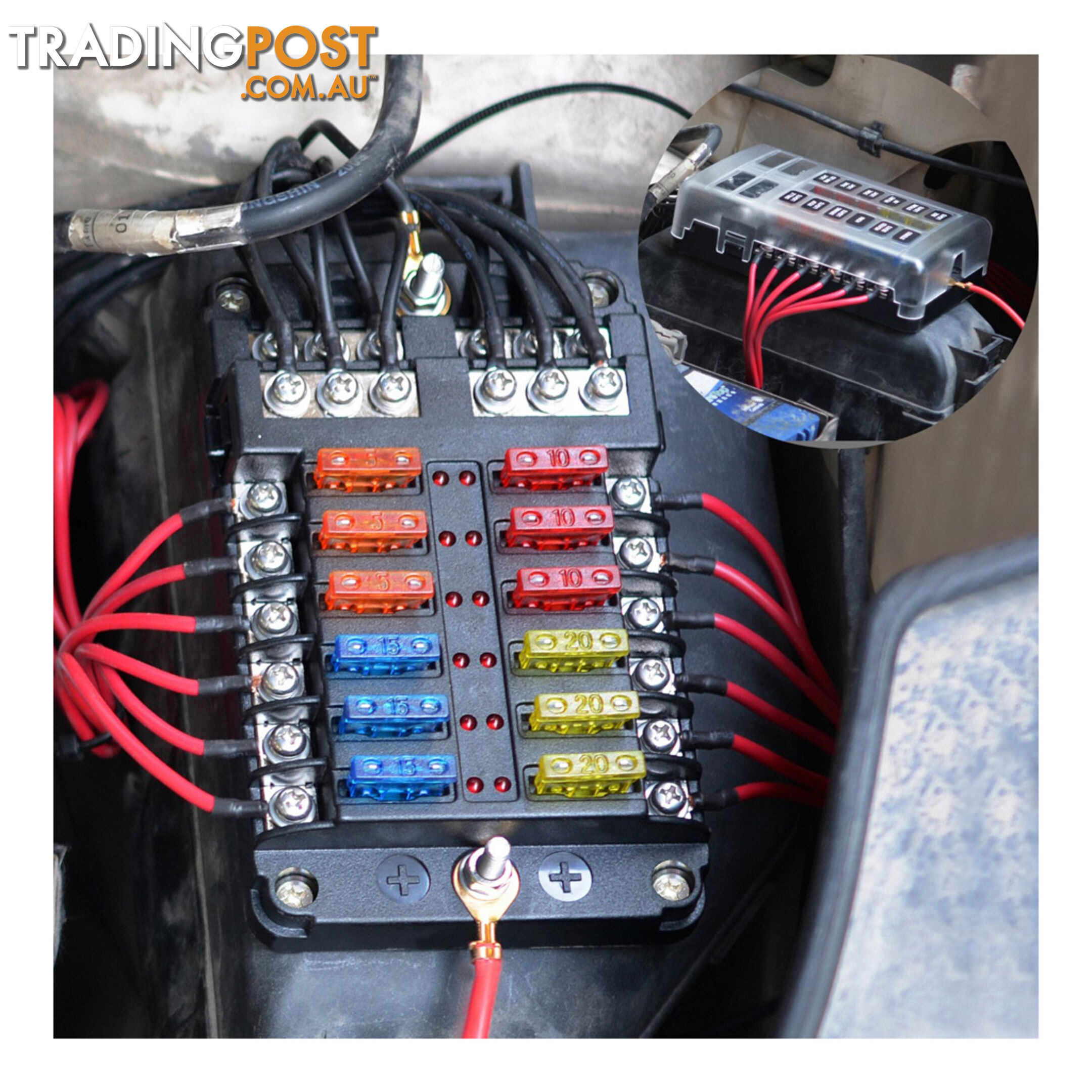 12 Fuse Block with LED Indicator and 24 fuses, 12 volt, 31pc,  2 x Label Sheet SKU - BB-202-12KWN