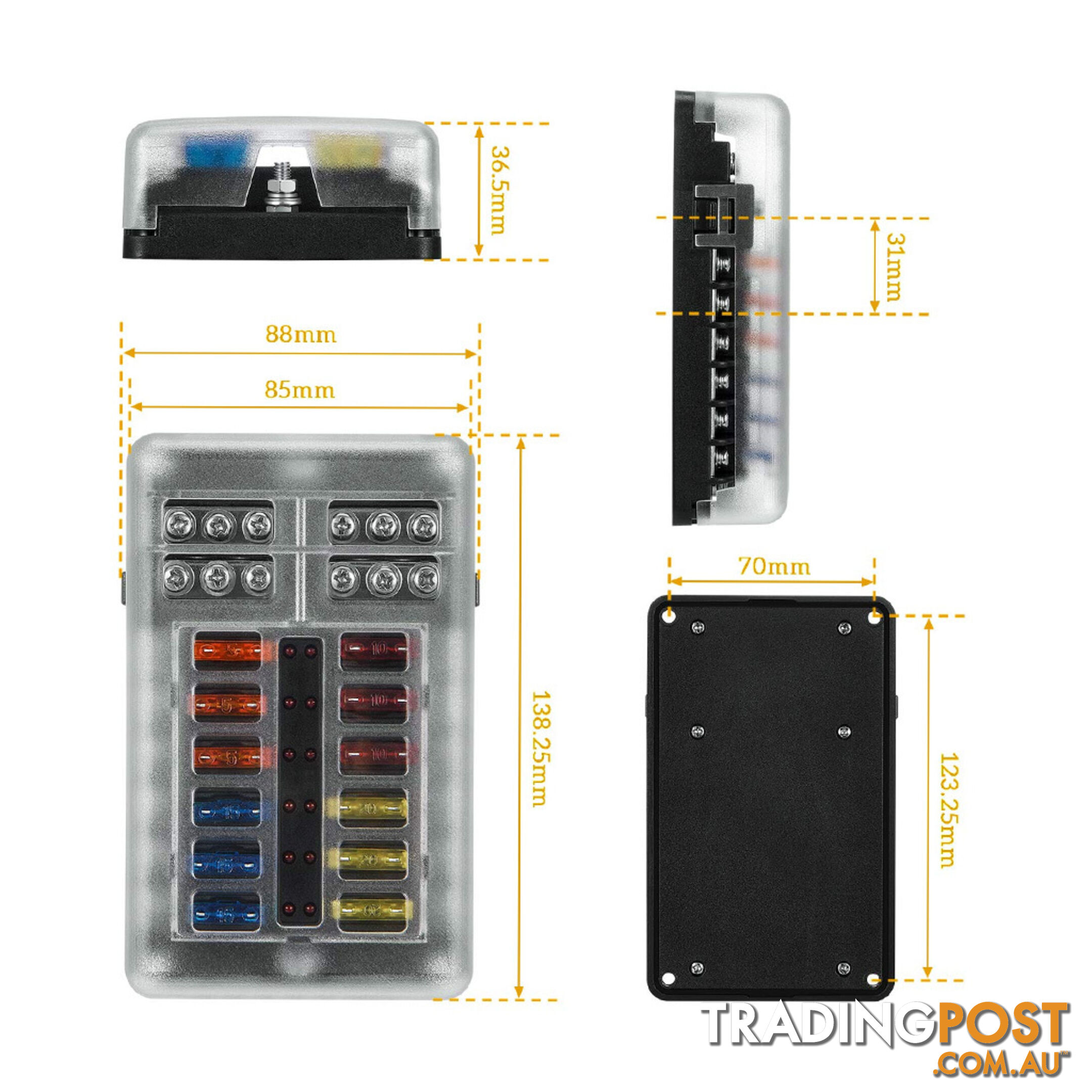 12 Fuse Block with LED Indicator and 24 fuses, 12 volt, 31pc,  2 x Label Sheet SKU - BB-202-12KWN