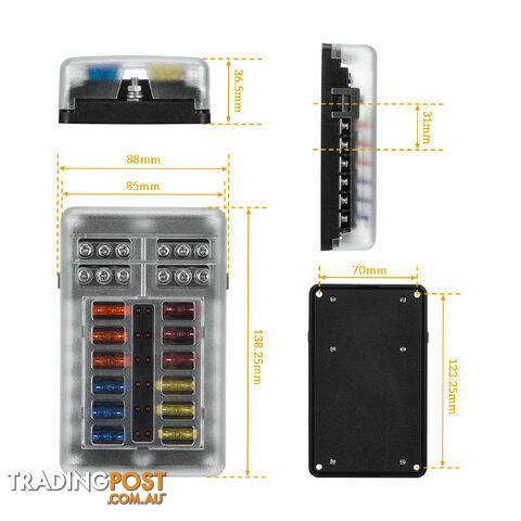 12 Fuse Block with LED Indicator and 24 fuses, 12 volt, 31pc,  2 x Label Sheet SKU - BB-202-12KWN