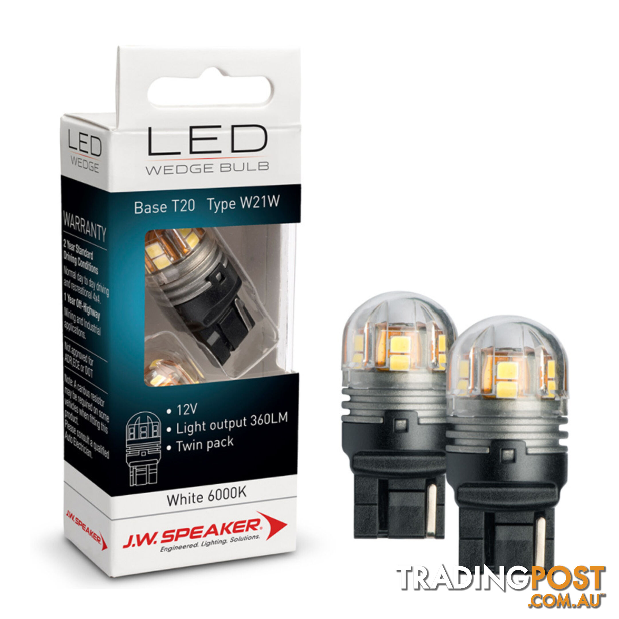 JW Speaker LED W21W Bulb 12/24v T20 Wedge Base White Light Twin Pack SKU - 990124