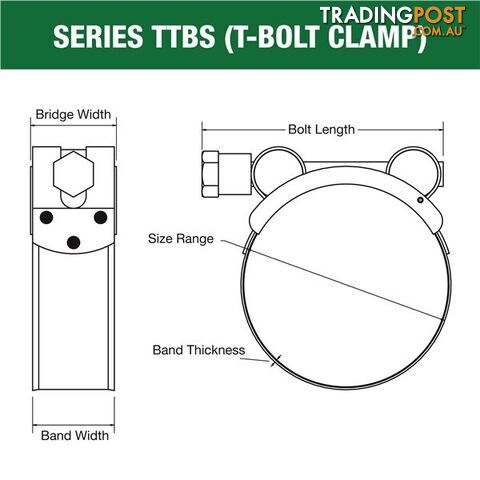 Tridon T-Bolt Hose Clamp 64mm â 67mm All Stainless Solid Band 10pk SKU - TTBS64-67P