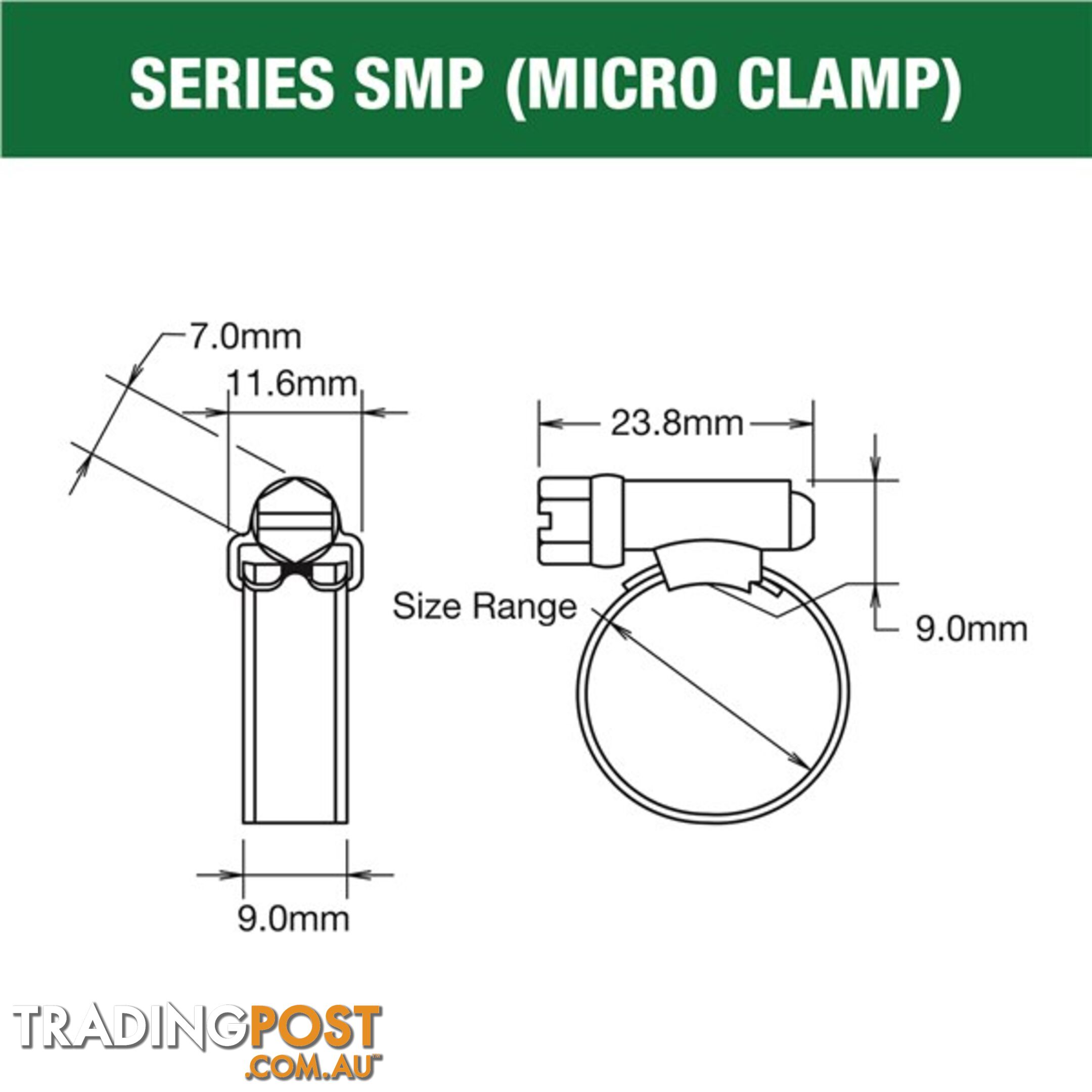 Tridon Hose Clamp 16mm â 24mm Micro (8mm wide) Solid Band Part Stainless 10pk SKU - SMP0AP