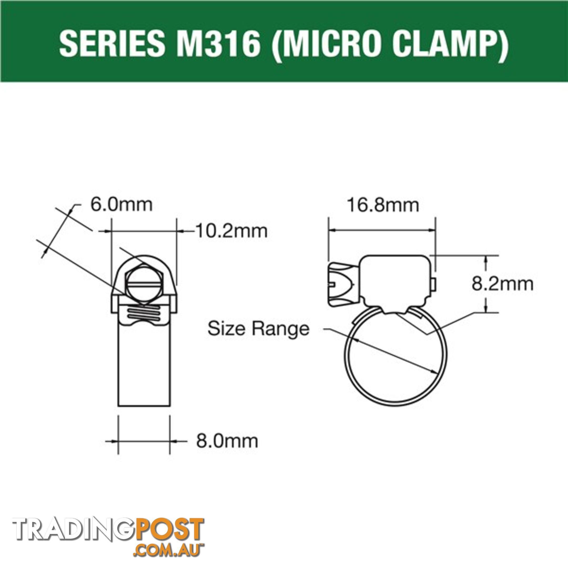 Tridon Full 316 S. Steel Micro Hose Clamp 59mm â 76mm 10pk SKU - M316-040P