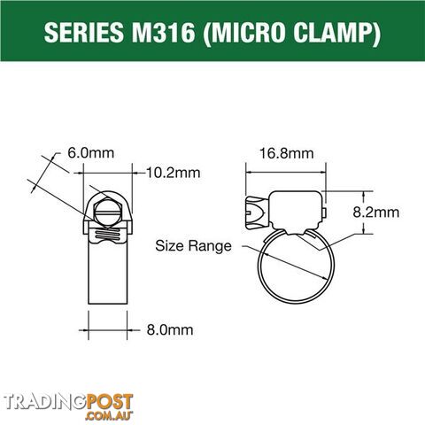 Tridon Full 316 S. Steel Micro Hose Clamp 59mm â 76mm 10pk SKU - M316-040P