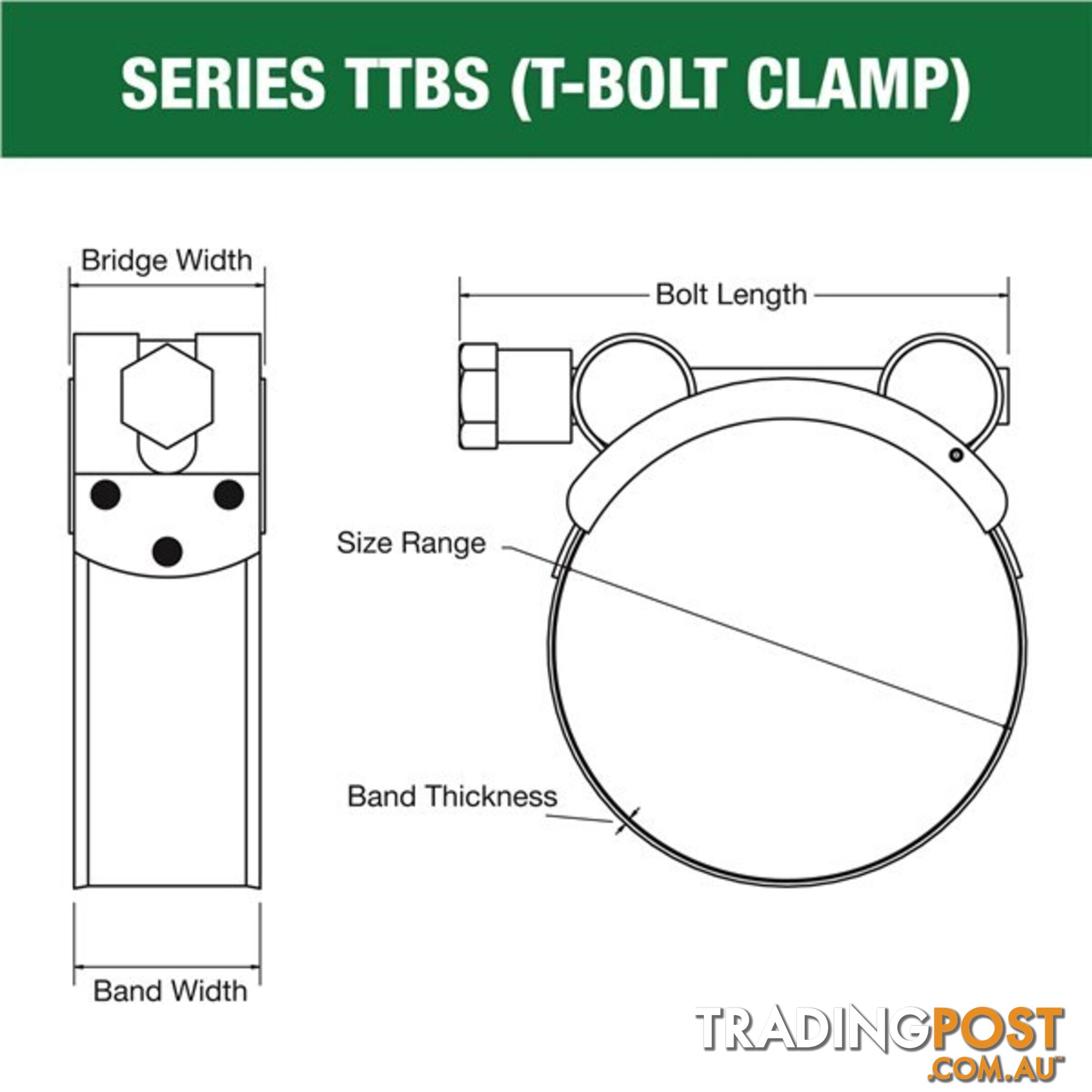Tridon T-Bolt Hose Clamp 44mm â 47mm All Stainless Solid Band 10pk SKU - TTBS44-47P