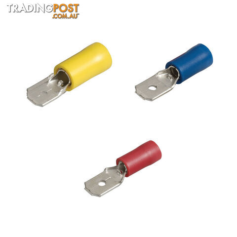 Blue Bar Red/Blue/Yellow Insulated 2.8-6.3mm Male Blade Terminal Pack of 10 SKU - DC-13845, DC-13846, DC-13847, DC-13848, DC-13849, DC-13850