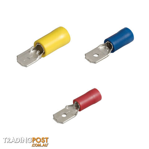 Blue Bar Red/Blue/Yellow Insulated 2.8-6.3mm Male Blade Terminal Pack of 10 SKU - DC-13845, DC-13846, DC-13847, DC-13848, DC-13849, DC-13850