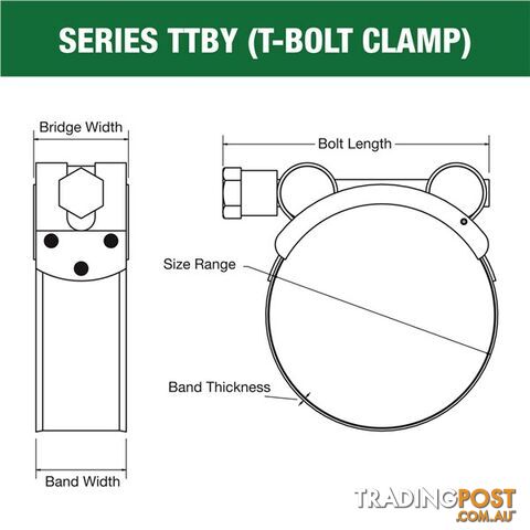 Tridon T-Bolt Hose Clamp 71mm â 76mm Part Stainless Solid Band 10pk SKU - TTBY71-76P