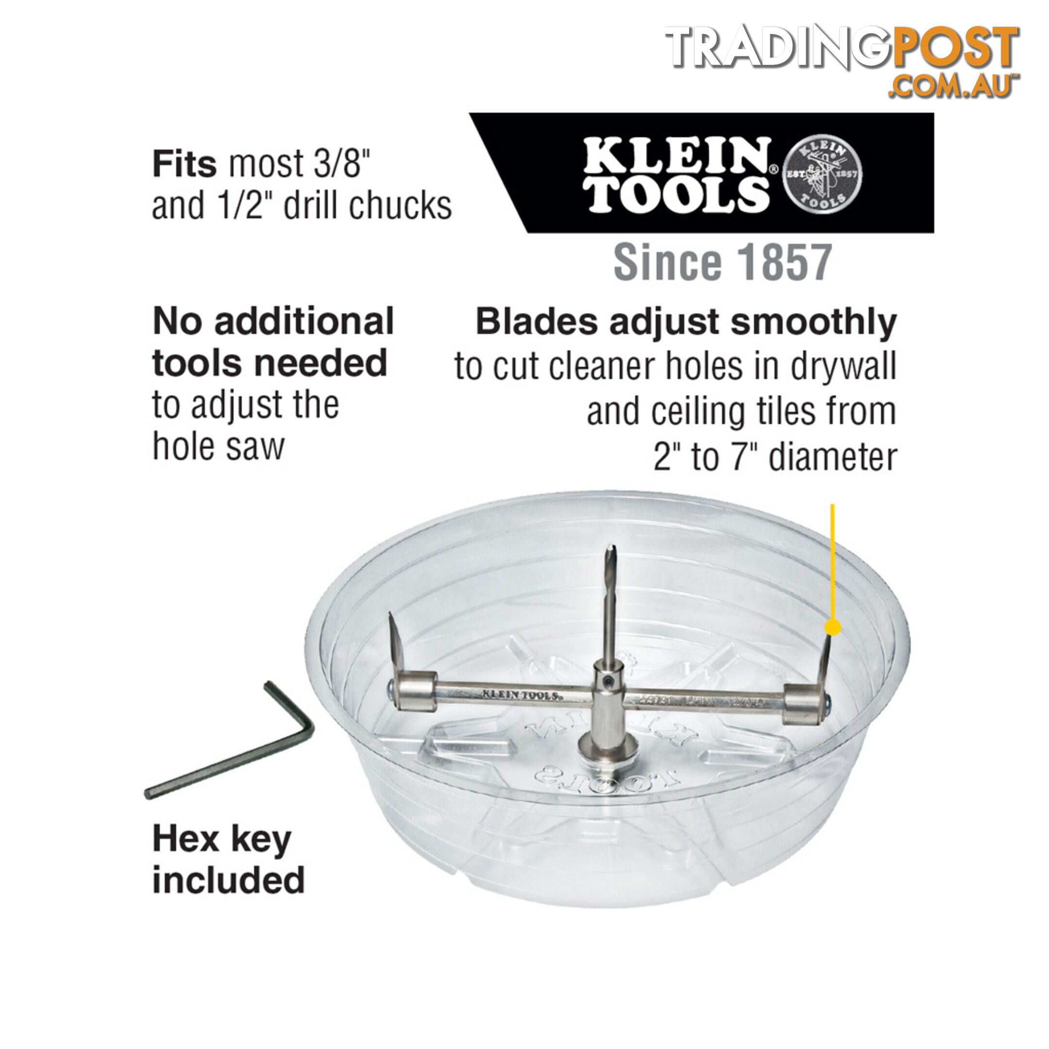 Klein Tools Adjustable Hole Saw Range 2 " to 7 " dia Hex Key Included SKU - 53731