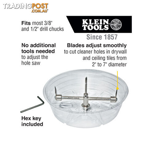 Klein Tools Adjustable Hole Saw Range 2 " to 7 " dia Hex Key Included SKU - 53731