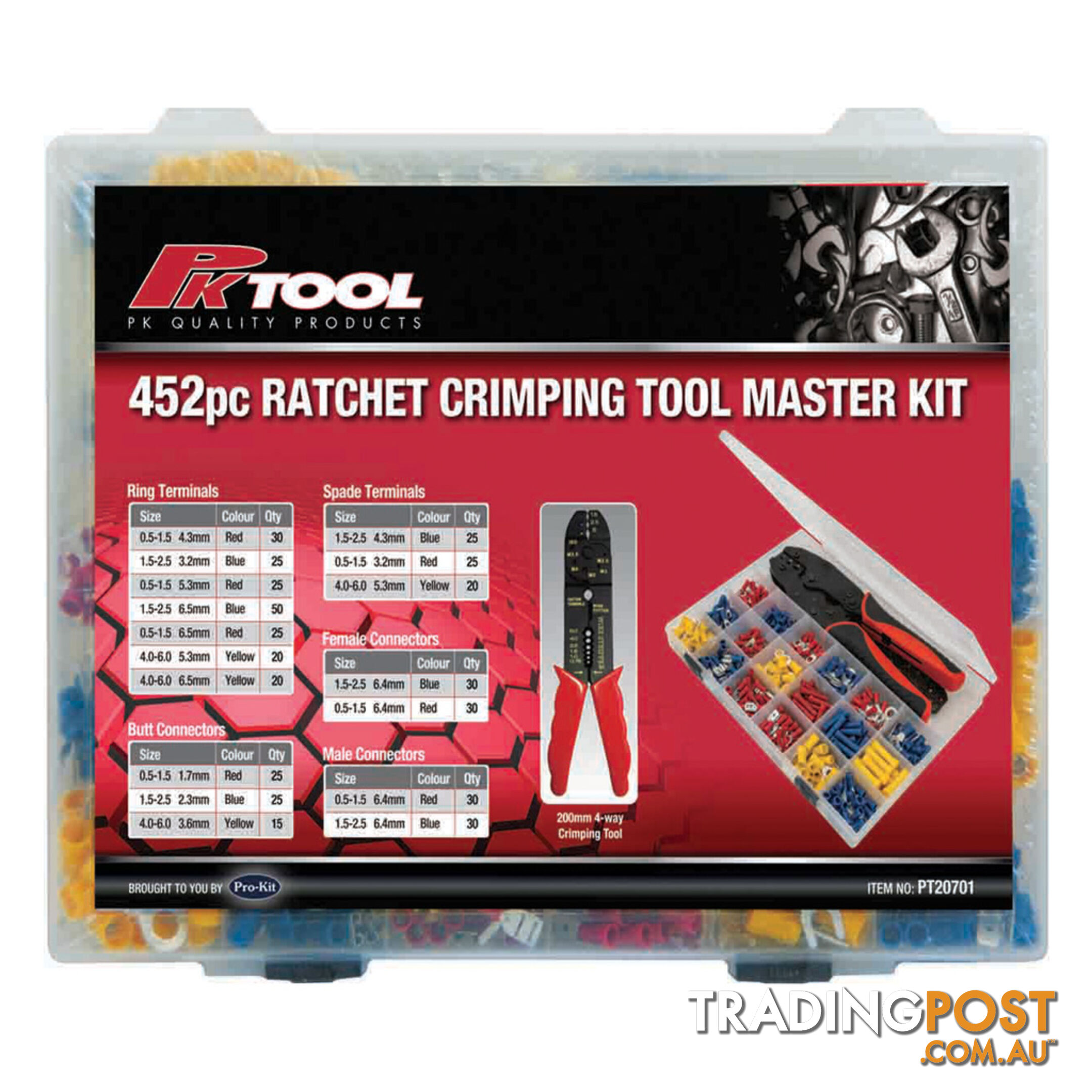 Mixed Crimp Terminal Kit  with Ratchet Crimping Plier and Wire Stripper 450pc SKU - PT20701