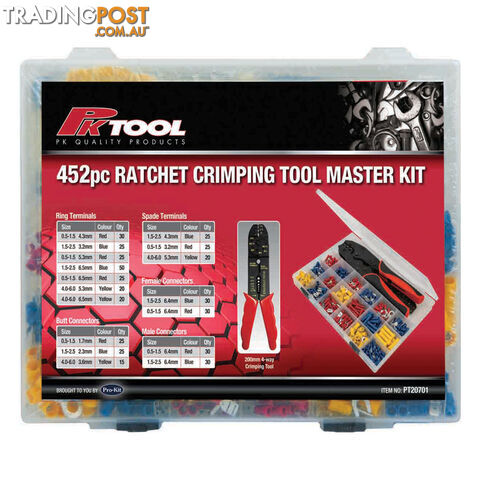 Mixed Crimp Terminal Kit  with Ratchet Crimping Plier and Wire Stripper 450pc SKU - PT20701