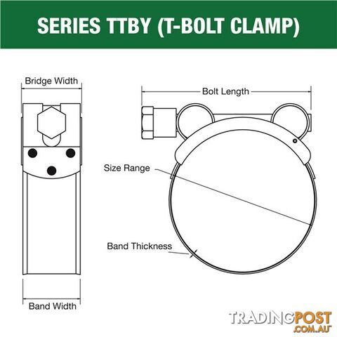 Tridon T-Bolt Hose Clamp 42mm â 45mm Part Stainless Solid Band 10pk SKU - TTBY42-45P