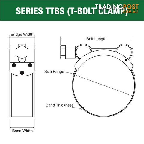 Tridon T-Bolt Hose Clamp 214mm â 226mm All Stainless Solid Band 5pk SKU - TTBS214-226P