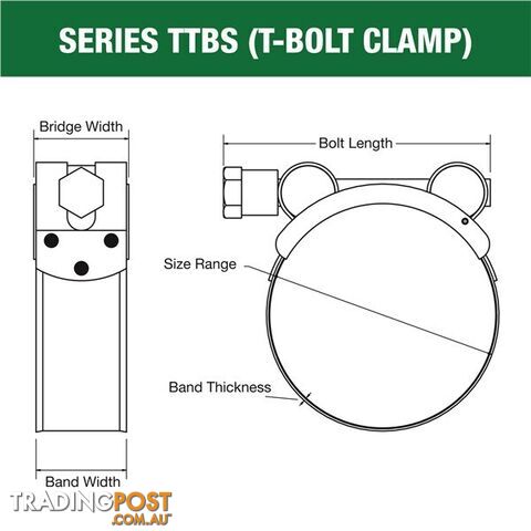 Tridon T-Bolt Hose Clamp 126mm â 134mm All Stainless Solid Band 10pk SKU - TTBS126-134P