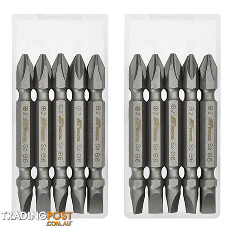 PK Tools Screwdriver Bits Phillips Flat Double Ended 10pc 1/4 " Hex 65mm SKU - PT30302