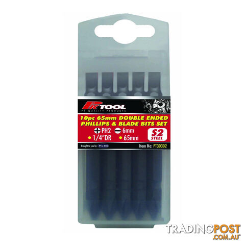 PK Tools Screwdriver Bits Phillips Flat Double Ended 10pc 1/4 " Hex 65mm SKU - PT30302