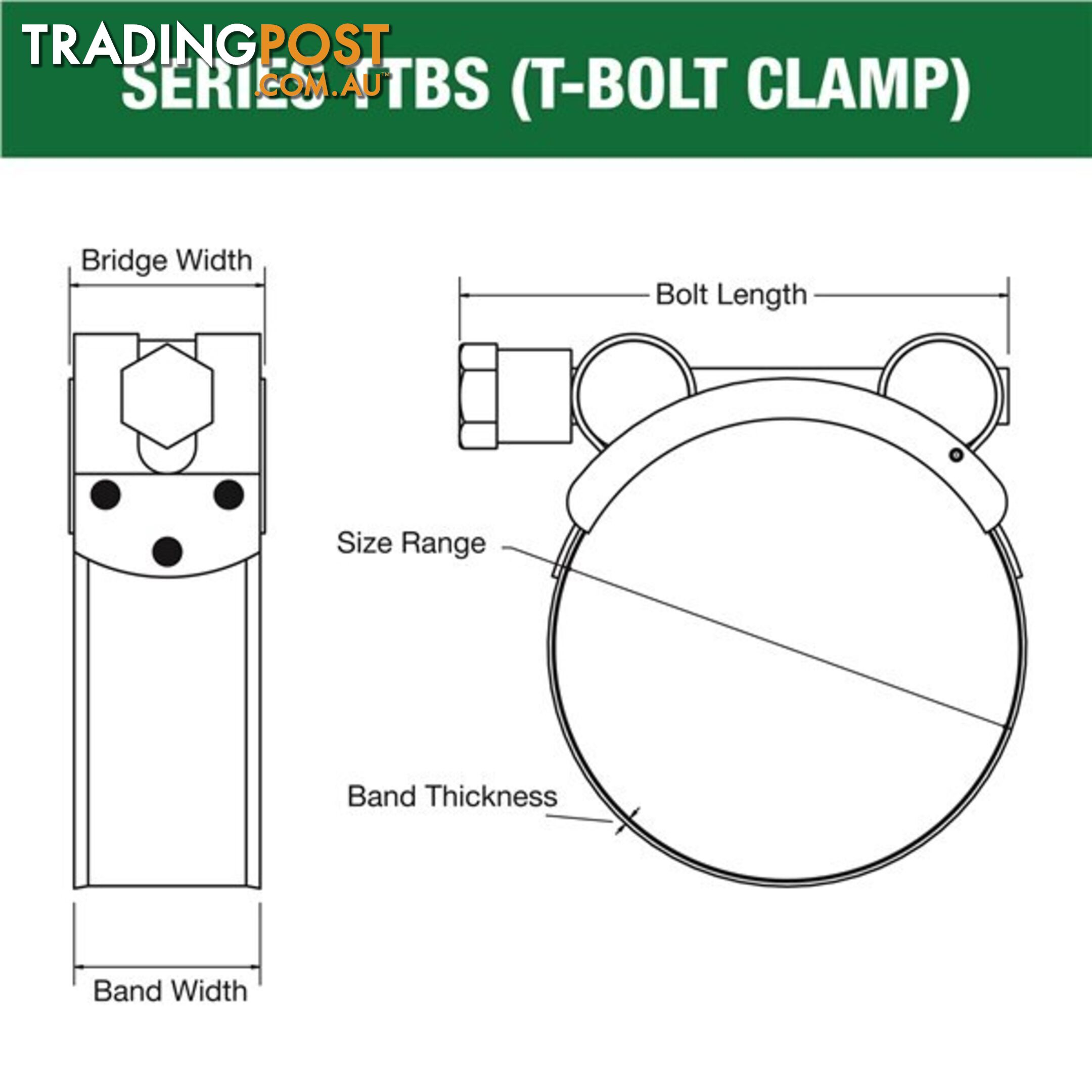 Tridon T-Bolt Hose Clamp 149mm â 161mm All Stainless Solid Band 5pk SKU - TTBS149-161P