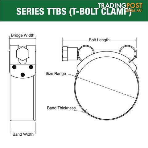 Tridon T-Bolt Hose Clamp 149mm â 161mm All Stainless Solid Band 5pk SKU - TTBS149-161P