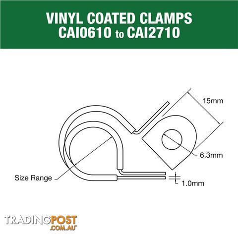 Vinyl Coated Hose   Cable Clamp 25mm (1?) Dia 15mm Band 6.3mm Hole 10pk SKU - CAI2510P