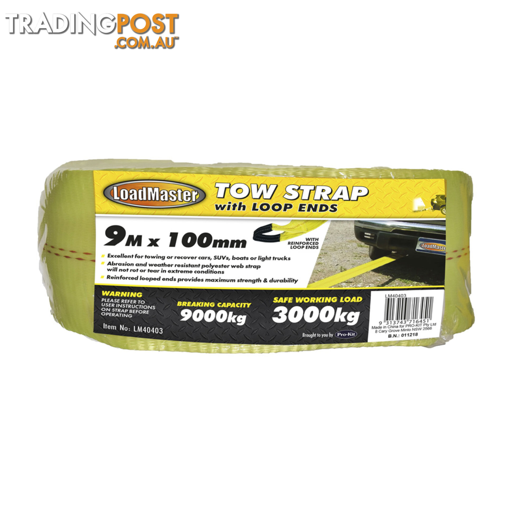 PK Tool Tow Strap 9m x 100mm 3000kg SWL 9000kg Breaking Capacity SKU - LM40403