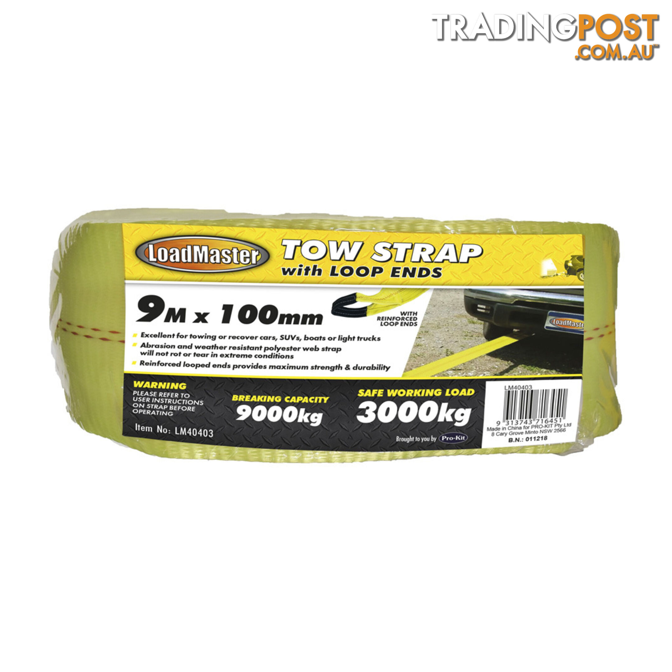 PK Tool Tow Strap 9m x 100mm 3000kg SWL 9000kg Breaking Capacity SKU - LM40403