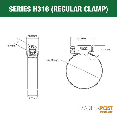 Tridon Full 316 S. Steel Hose Clamp 21mm â38mm 10pk SKU - H316-016P