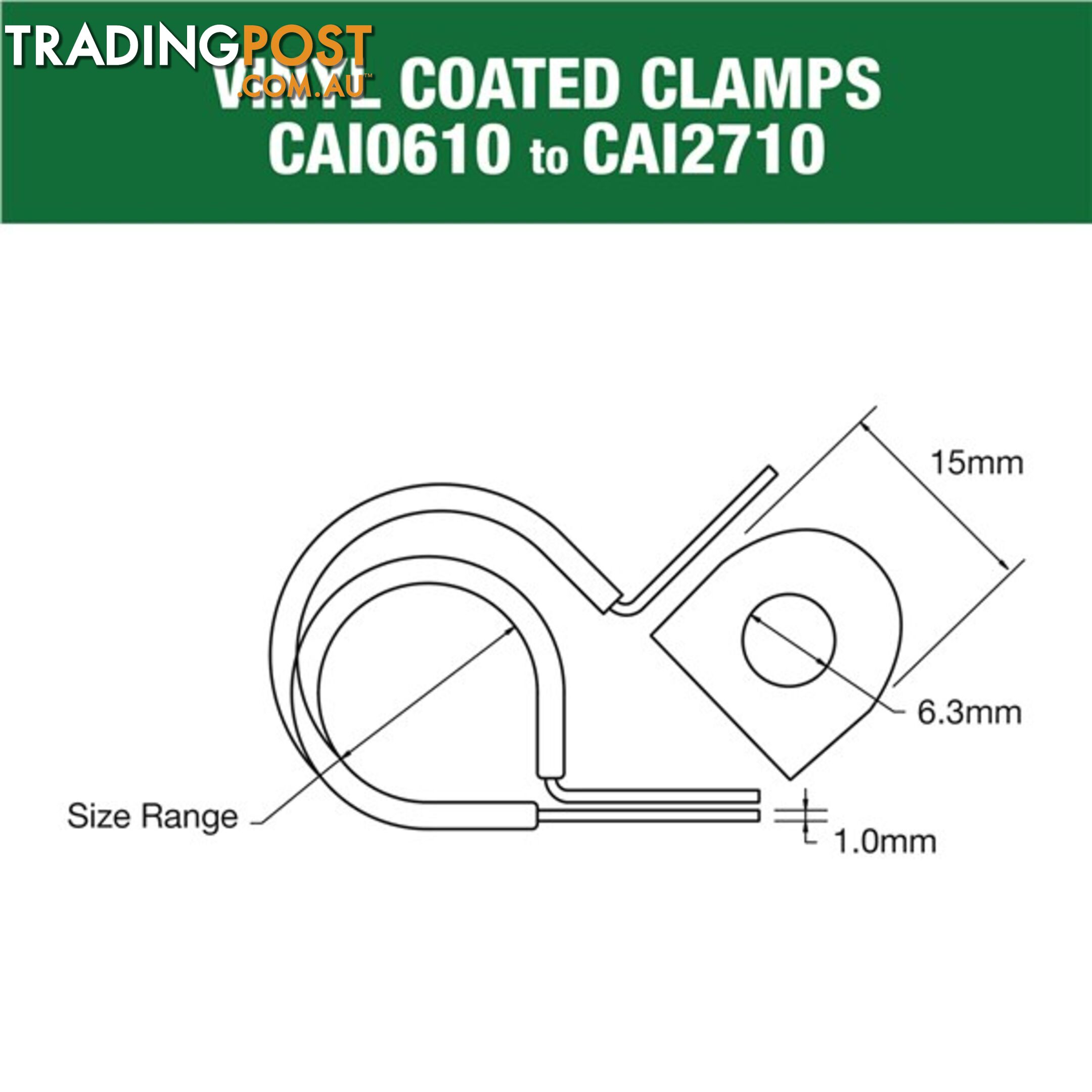 Vinyl Coated Hose   Cable Clamp 11mm (7/16 ")  Dia 15mm Band 6.3mm Hole 10pk SKU - CAI1110P