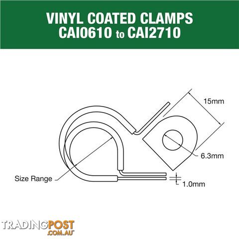 Vinyl Coated Hose   Cable Clamp 11mm (7/16 ")  Dia 15mm Band 6.3mm Hole 10pk SKU - CAI1110P