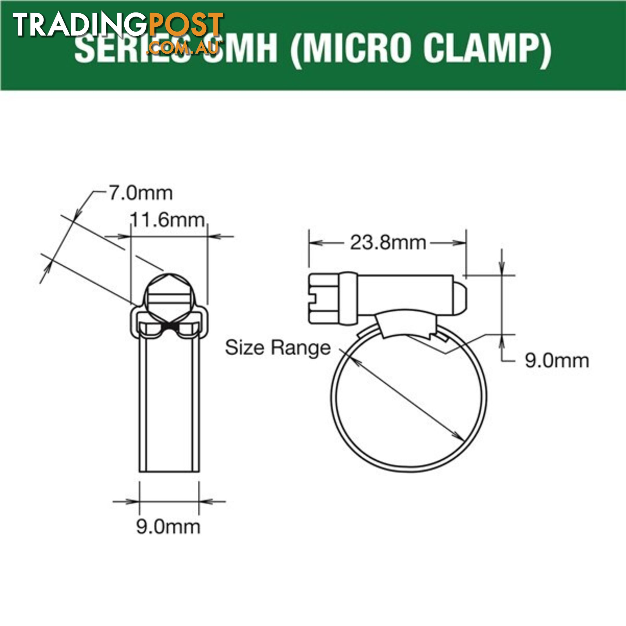 Tridon Hose Clamp 11mm â 22mm Micro (8mm wide) Solid Band Part Stainless 10pk SKU - SMH006P