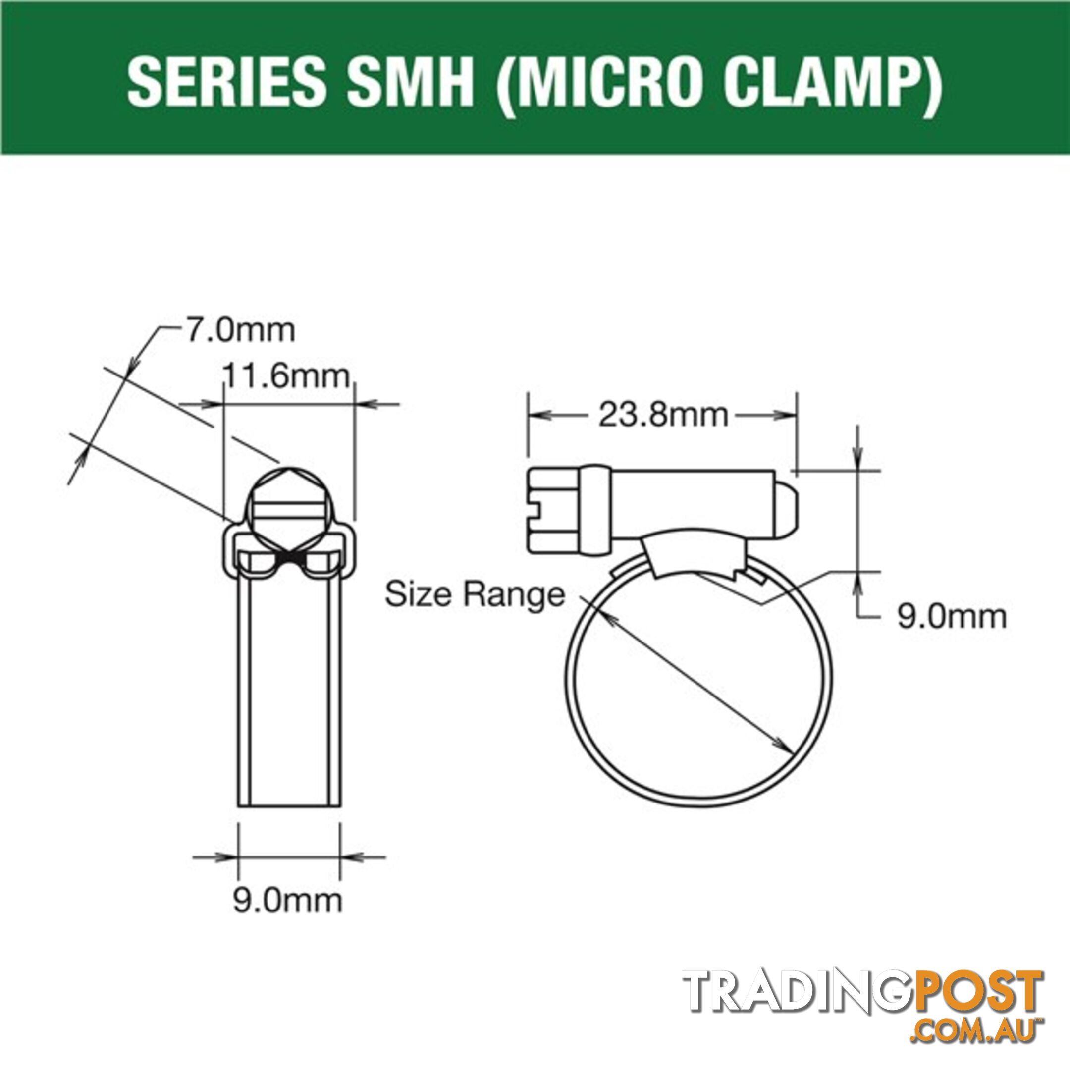 Tridon Hose Clamp 11mm â 22mm Micro (8mm wide) Solid Band Part Stainless 10pk SKU - SMH006P