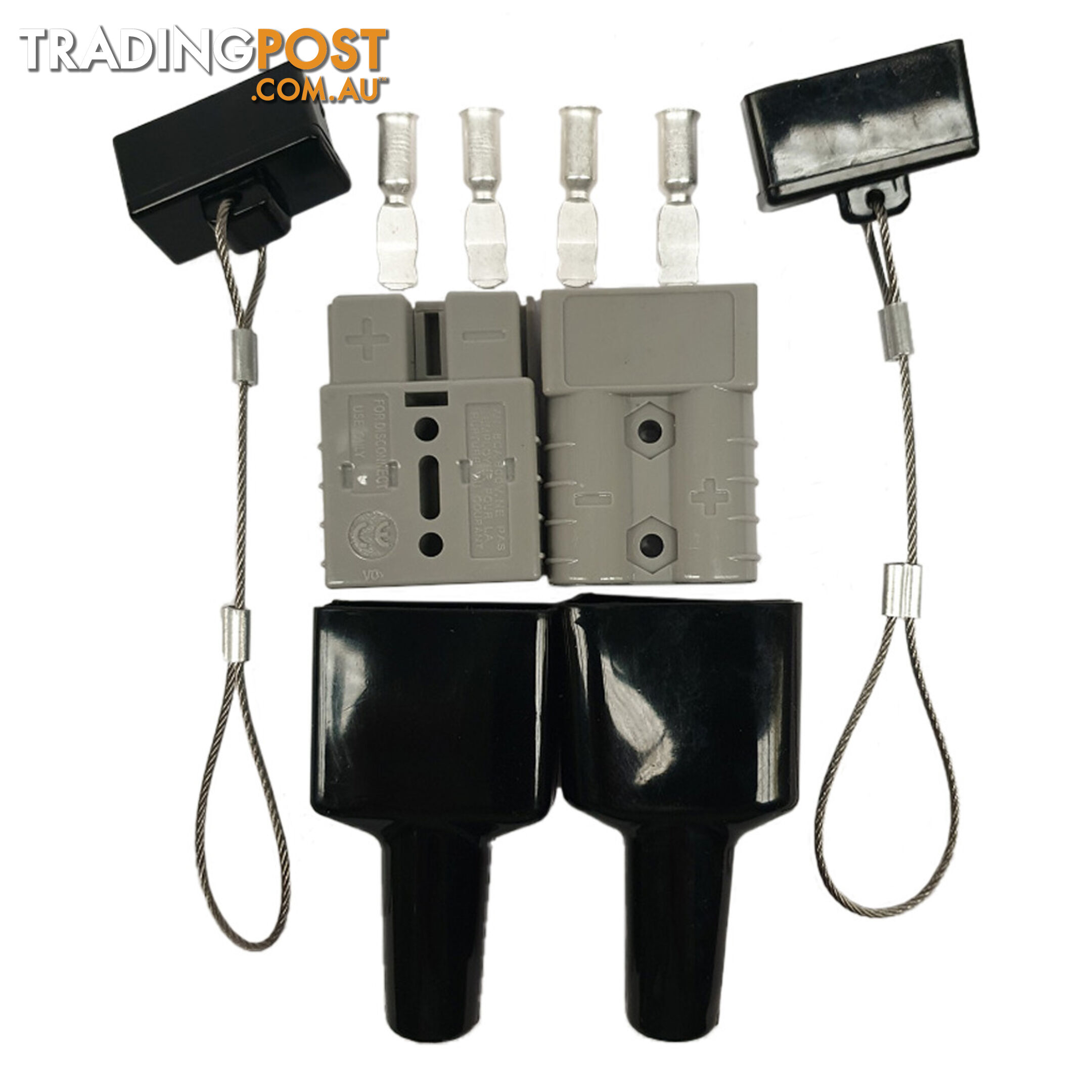 2 x 50 amp Anderson Plug Grey with 2 x 2pc Dust Cover Kit Black Top / Bottom Wire Cable SKU - BB-2x50ampAndoDustCoverKitBlack2pc