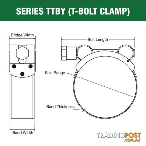 Tridon T-Bolt Hose Clamp 64mm â 67mm Part Stainless Solid Band 10pk SKU - TTBY64-67P