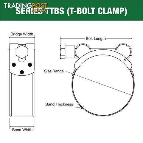 Tridon T-Bolt Hose Clamp 74mm â 79mm All Stainless Solid Band 10pk SKU - TTBS74-79P