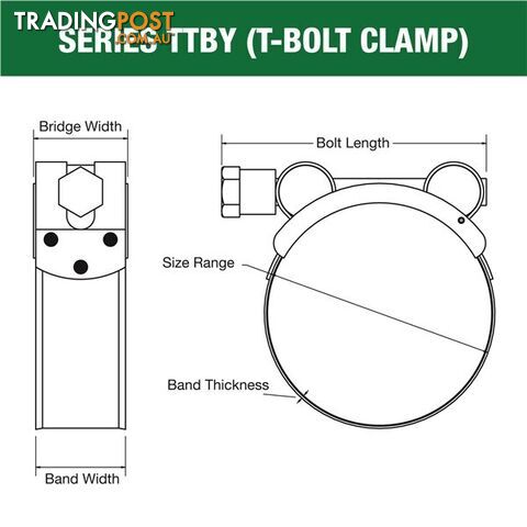 Tridon T-Bolt Hose Clamp 66mm â 70mm Part Stainless Solid Band 10pk SKU - TTBY66-70P