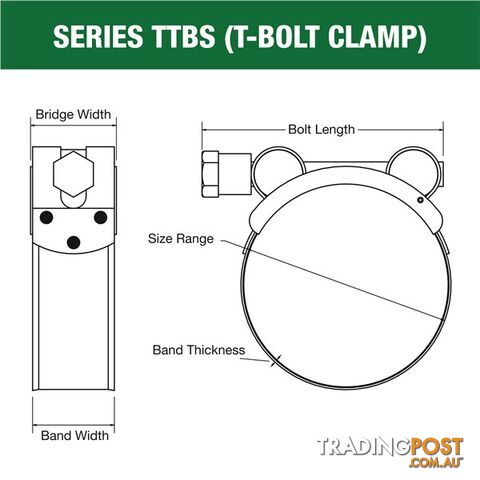 Tridon T-Bolt Hose Clamp 117mm â 125mm All Stainless Solid Band 10pk SKU - TTBS117-125P