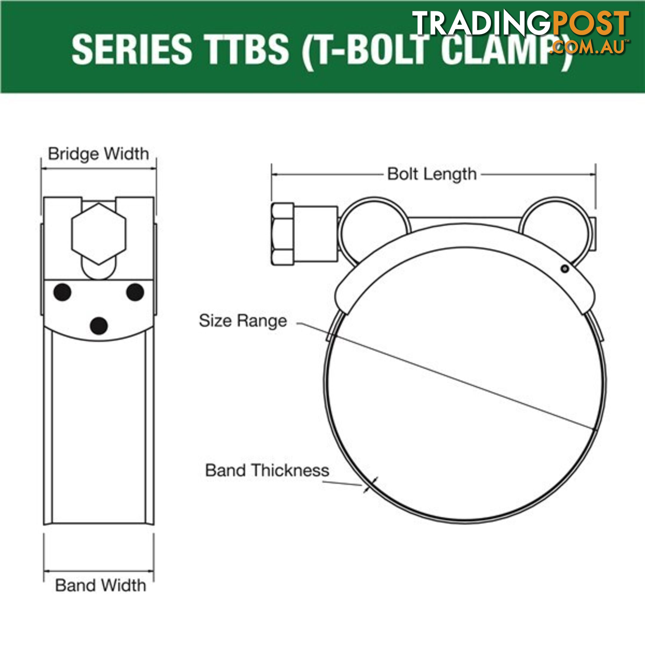 Tridon T-Bolt Hose Clamp 83mm â 88mm All Stainless Solid Band 10pk SKU - TTBS83-88P