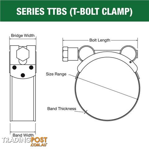 Tridon T-Bolt Hose Clamp 83mm â 88mm All Stainless Solid Band 10pk SKU - TTBS83-88P