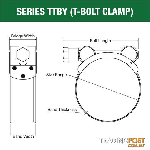 Tridon T-Bolt Hose Clamp 52mm â 55mm Part Stainless Solid Band 10pk SKU - TTBY52-55P