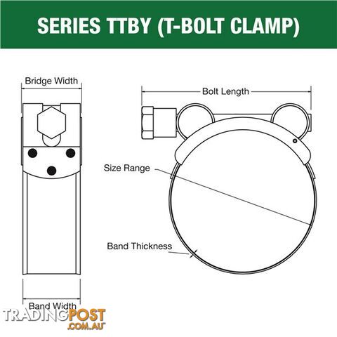 Tridon T-Bolt Hose Clamp 18mm â 20mm Part Stainless Solid Band 10pk SKU - TTBY18-20P