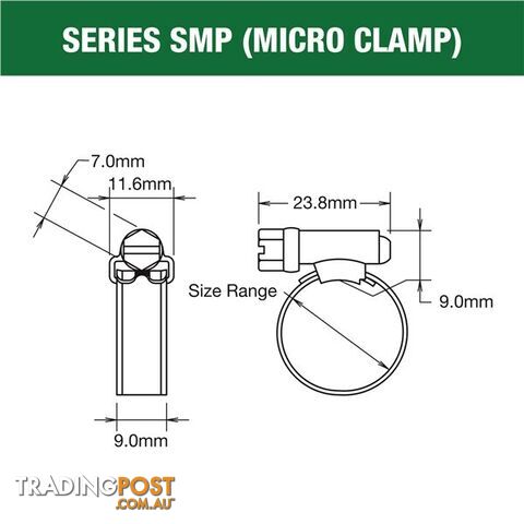 Tridon Hose Clamp 9.5mm â 12mm Micro (8mm wide) Solid Band Part Stainless 10pk SKU - SMP000P