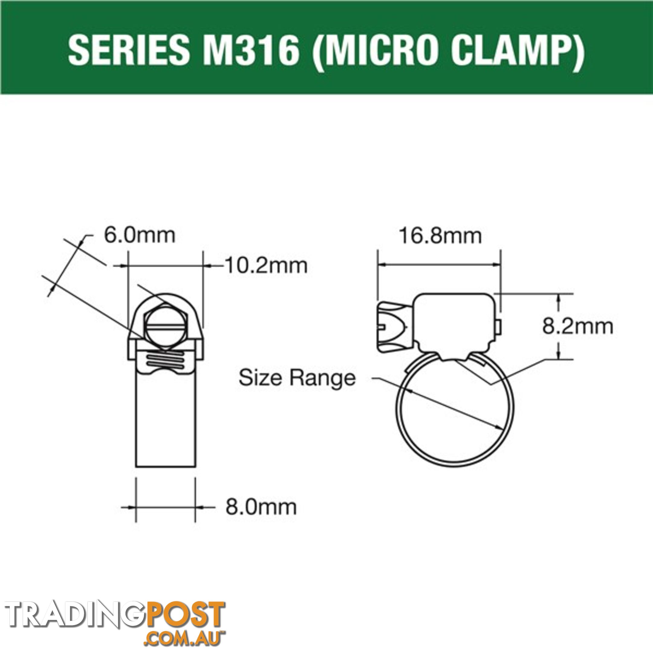 Tridon Full 316 S. Steel Micro Hose Clamp 18mm â 38mm 10pk SKU - M316-016P