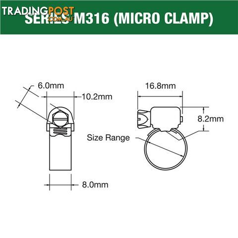 Tridon Full 316 S. Steel Micro Hose Clamp 18mm â 38mm 10pk SKU - M316-016P