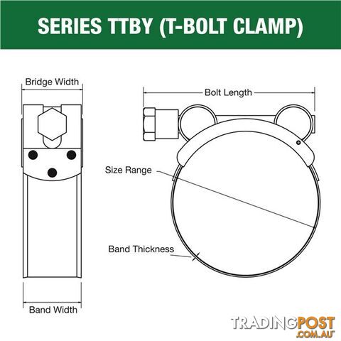 Tridon T-Bolt Hose Clamp 32mm â 35mm Part Stainless Solid Band 10pk SKU - TTBY32-35P