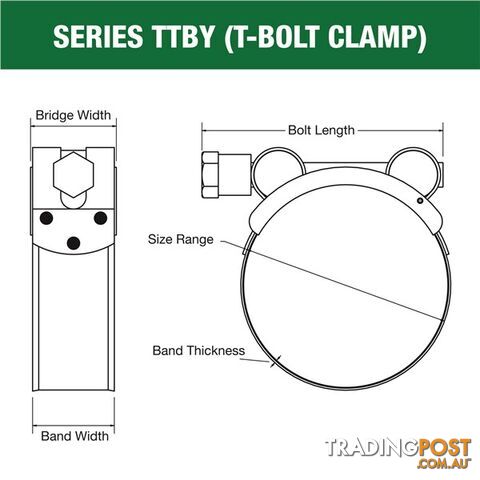 Tridon T-Bolt Hose Clamp 54mm â 57mm Part Stainless Solid Band 10pk SKU - TTBY54-57P